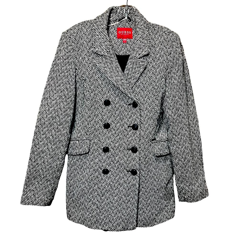 White Black Double Breasted Herringbone Winter Mid Length Pea Coat Large